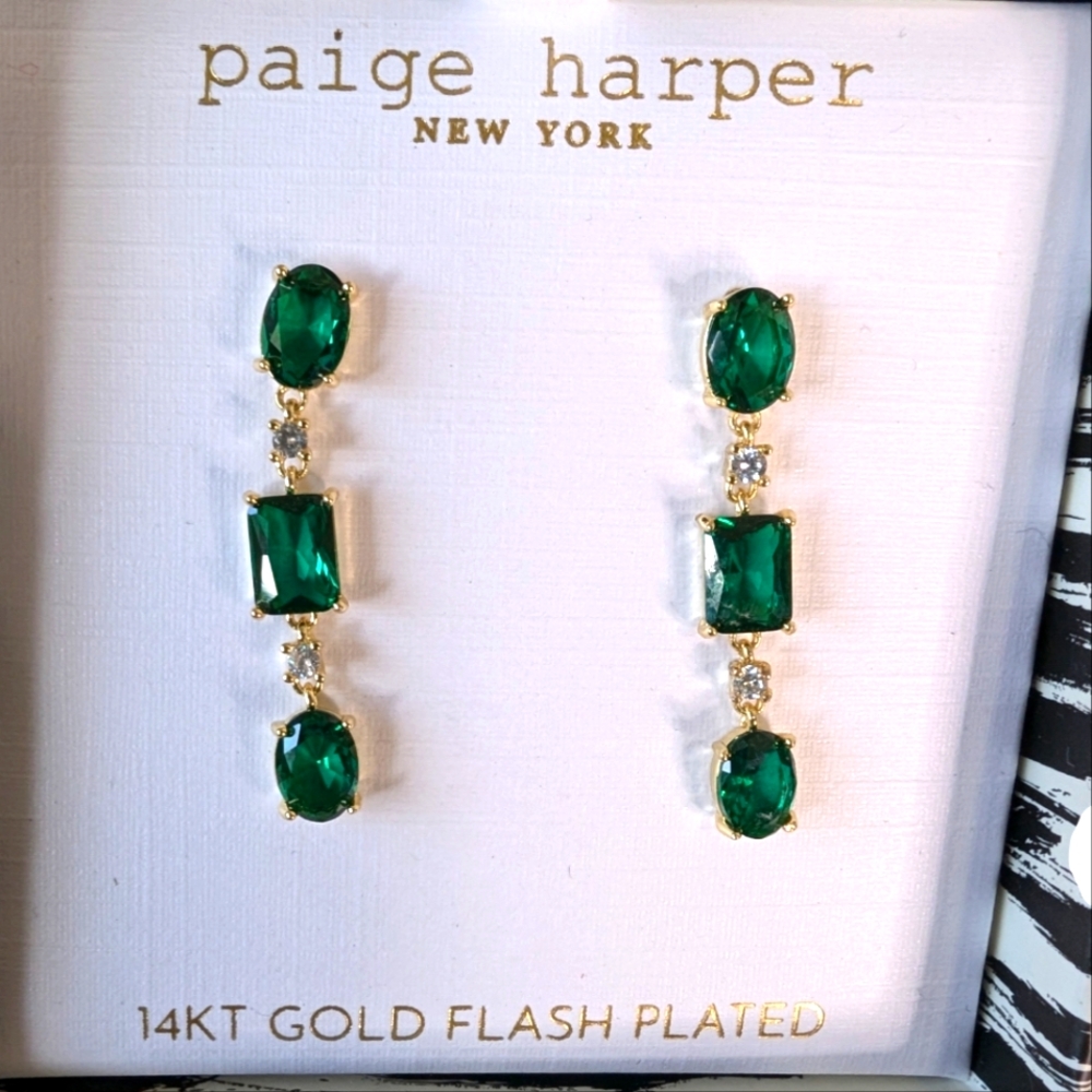 NEW...Paige Harper 14KT Gold Flash Pleated Emerald Green Earrings...